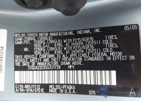 2005 Toyota Sienna Xle from USA, damaged, VIN 5TDZA22CX5S331728